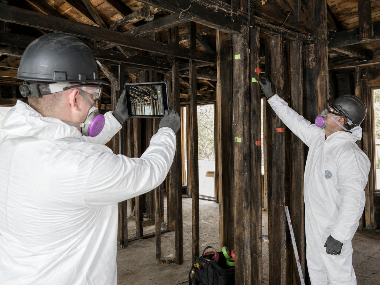 Restoration superintendent photographs soot-darkened exposed framing while a second worker marks members for repair, abrasion, or cleaning