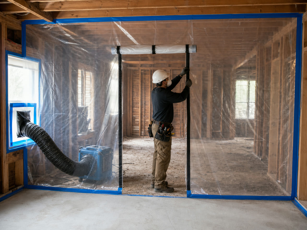 Worker installs two straight vertical zippers and a roll-up flap in a sealed clear-poly containment wall while a blue HEPA negative-air machine exhausts through a sealed exterior window