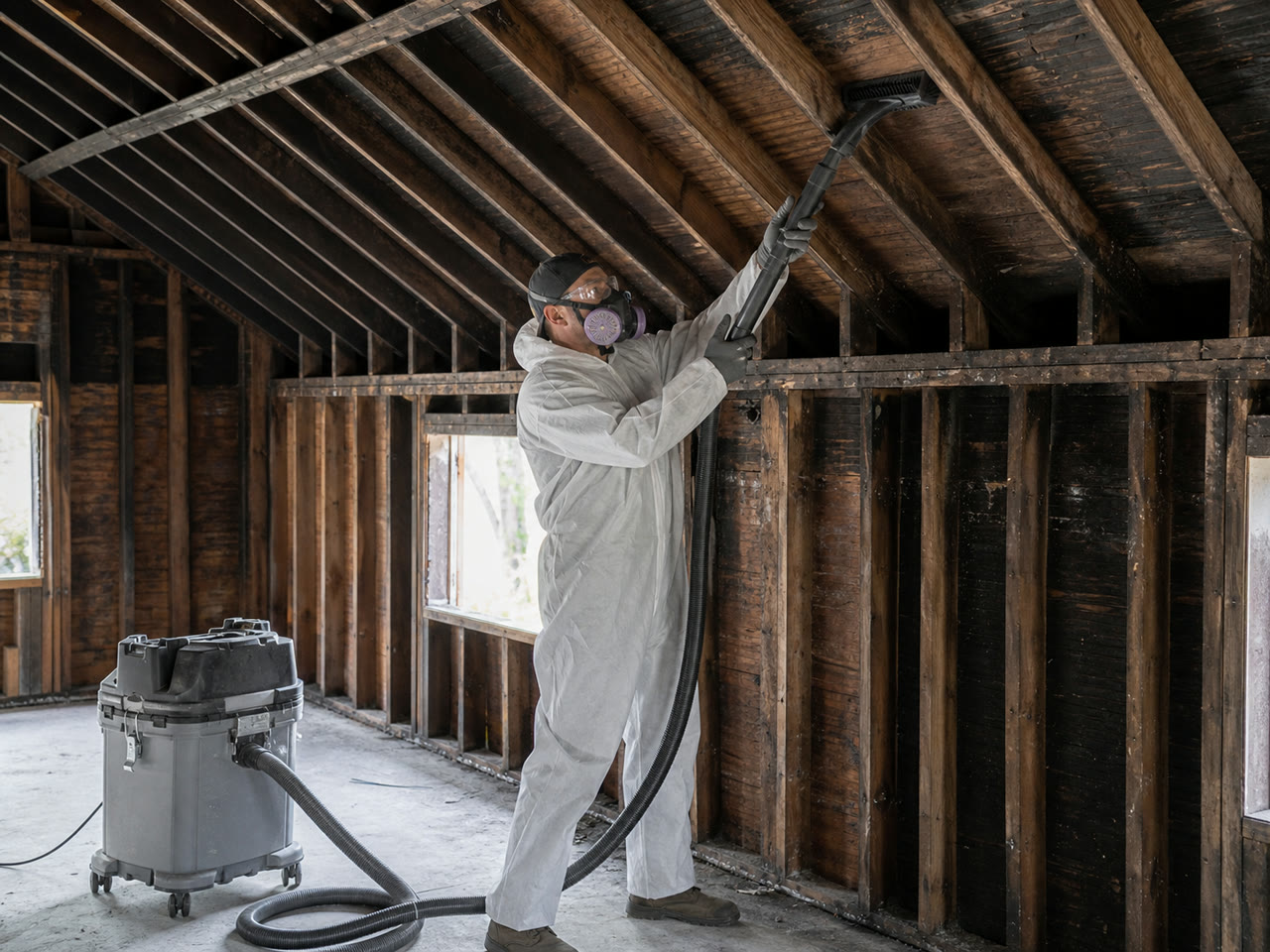 Restoration worker uses a sealed HEPA vacuum and brush nozzle to clean soot from rafters and roof sheathing from high to low