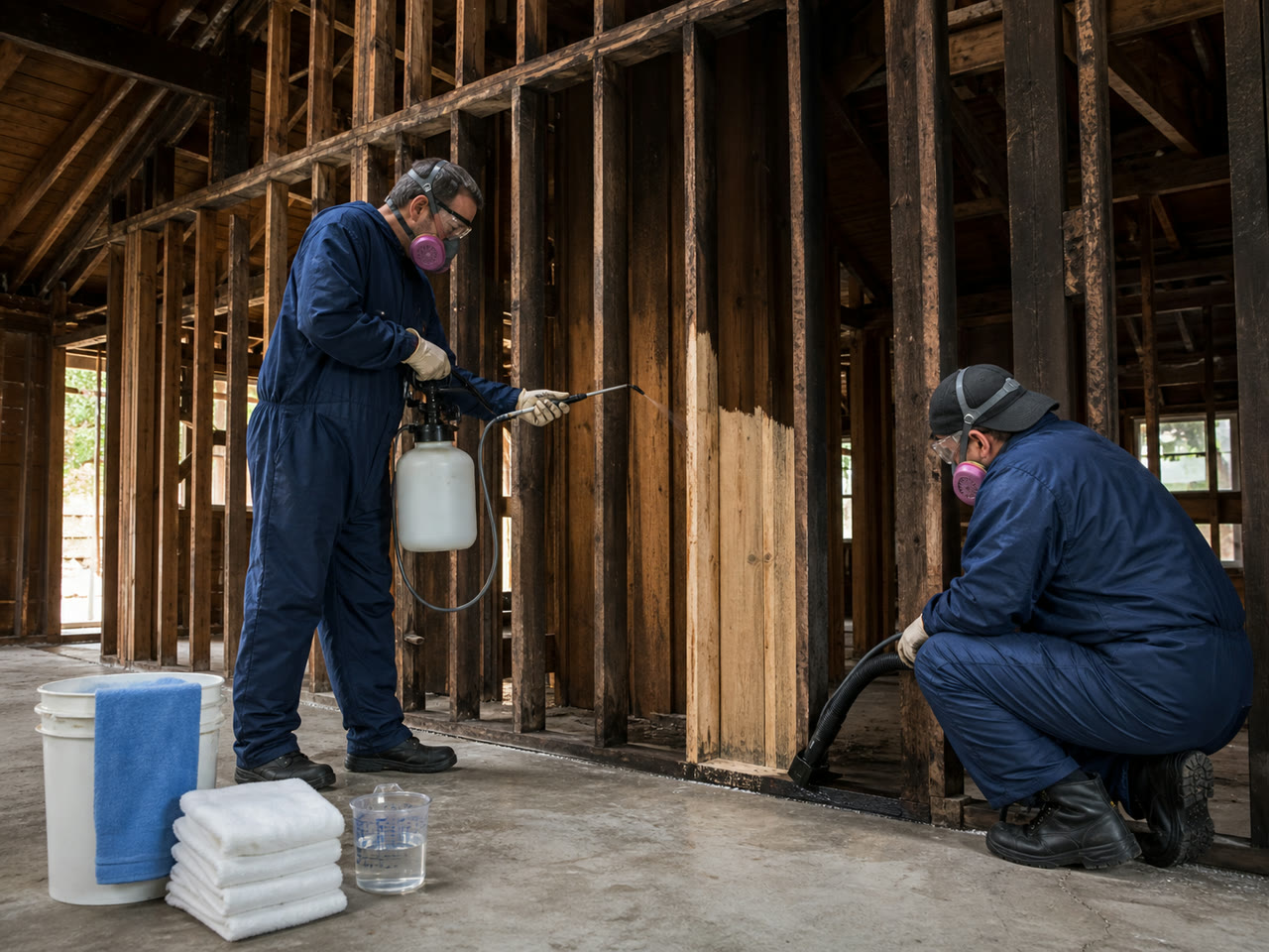 Two restoration workers lightly apply cleaner to exposed studs and recover rinse water at the sill with a separate wet vacuum
