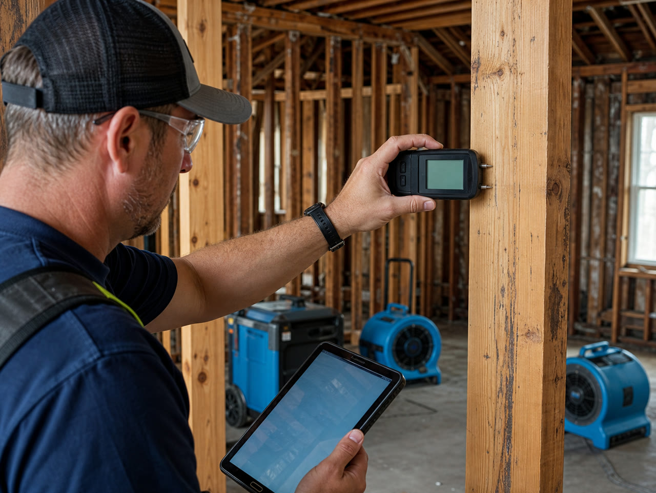 Supervisor takes a direct pin moisture reading from cleaned exposed framing while air movers and dehumidifiers operate