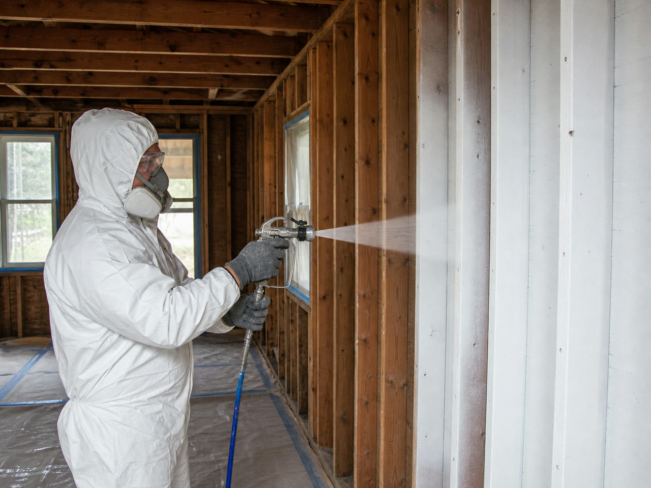 Protected spray operator applies a flat fan of white smoke-odor sealer to clean dry exposed studs with an airless sprayer