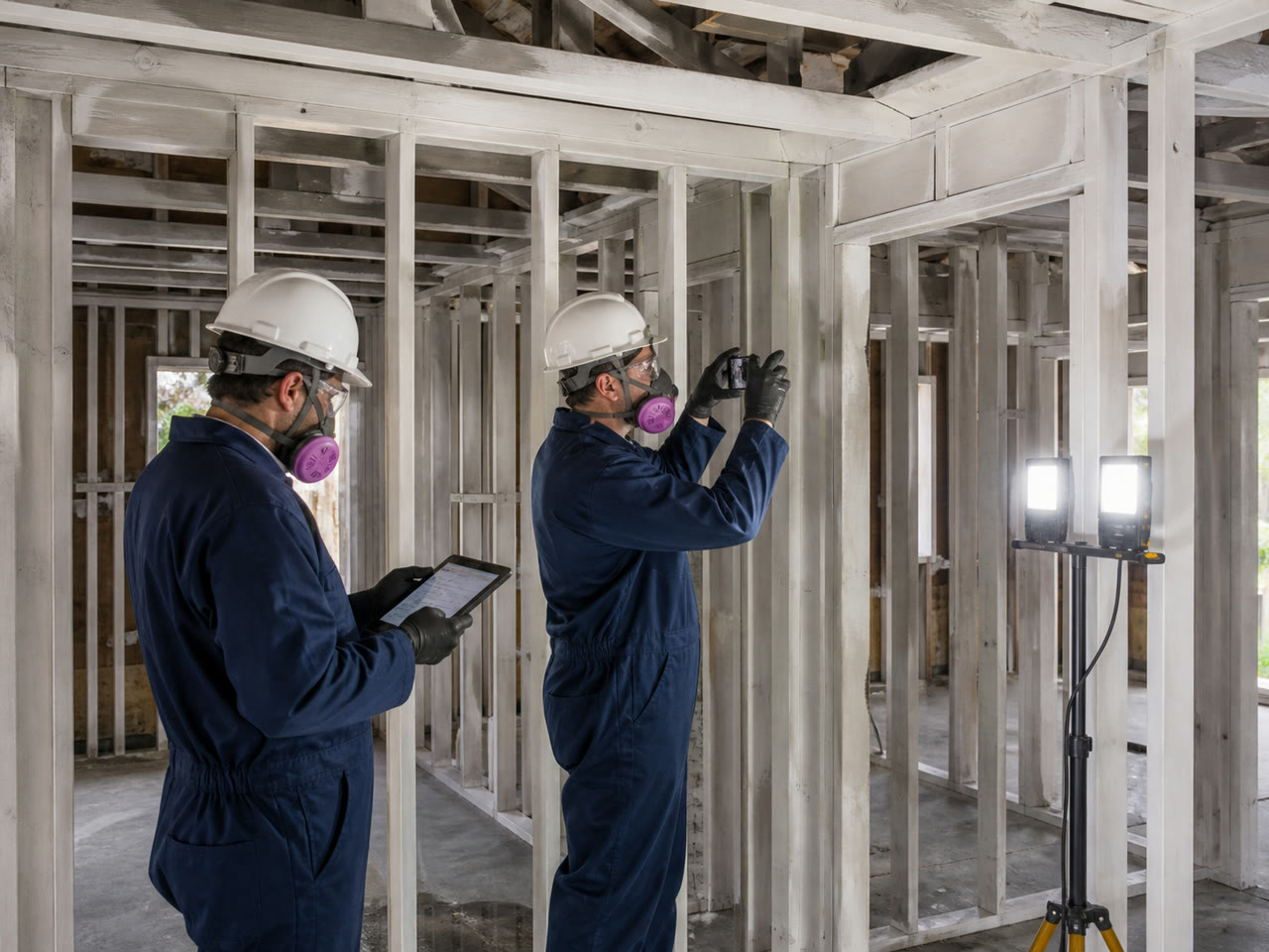 Superintendent and project representative inspect and photograph uniformly white-sealed exposed framing under bright raking lights before reconstruction